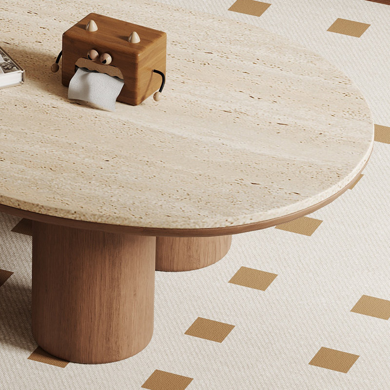 48“ Modern Wood Coffee Table, Beige Sintered Stone Top, Solid Wood Legs