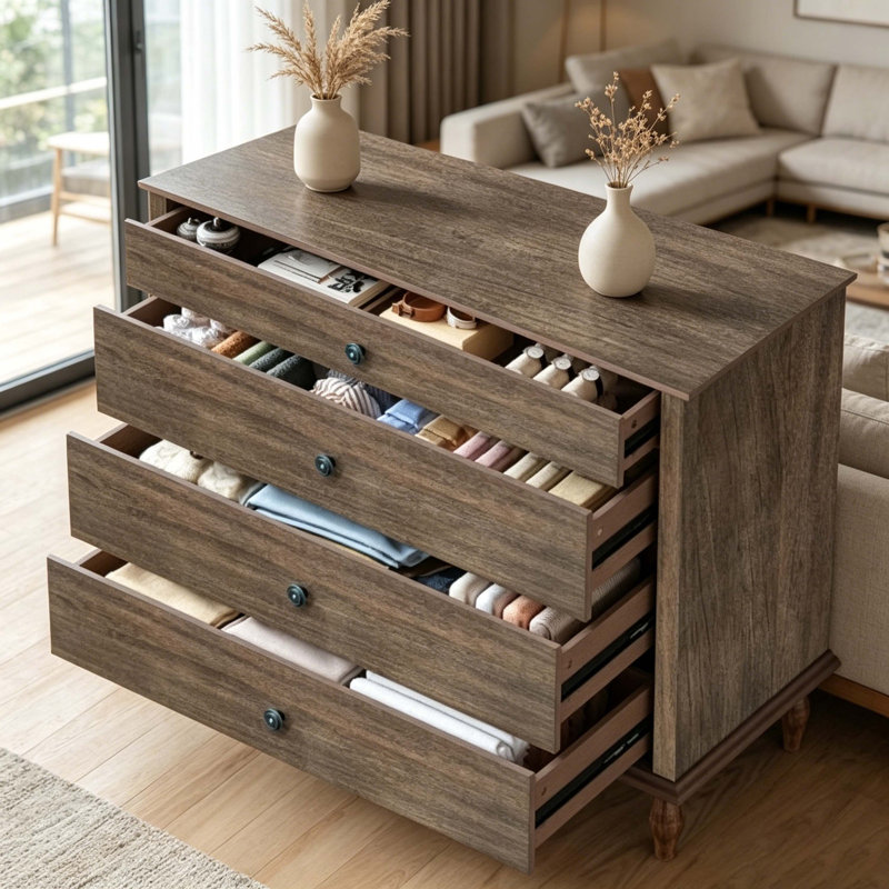 Commode 4 tiroirs brun foncé brossé avec pieds en bois tourné, commode rustique pour chambre à coucher et chambre de bébé