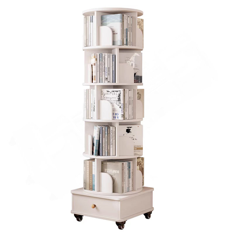 Rotating Bookshelf With Drawer, 360 Display 6 Tier Corner Bookshelf For Small Space, Floor Standing Bookcase Storage Rack, Wood Narrow Organizer For Bedroom, Living Room (White) (Prime Big Deal Days)