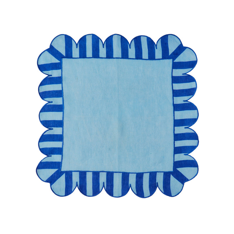 Jardin Embroidered Linen Scalloped Stripe Napkins, Blue