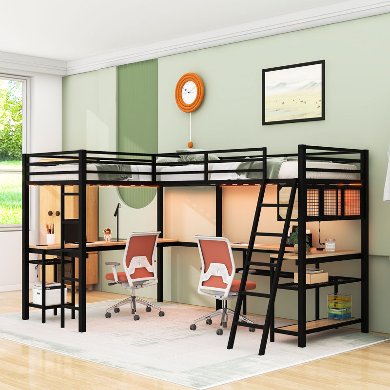 Twin And Twin L-Shaped Loft Bed With Dual Desks, Shelves, LED Lighting And Charging Station