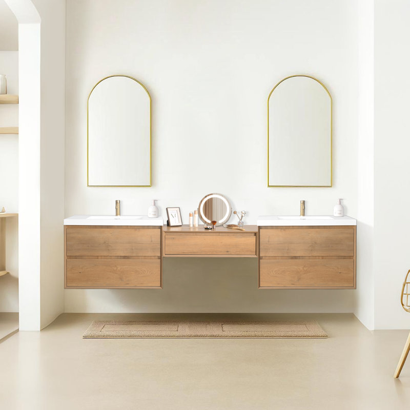 Meuble-lavabo mural 108 po avec lavabo en résine et armoire de rangement pour maquillage, 108"