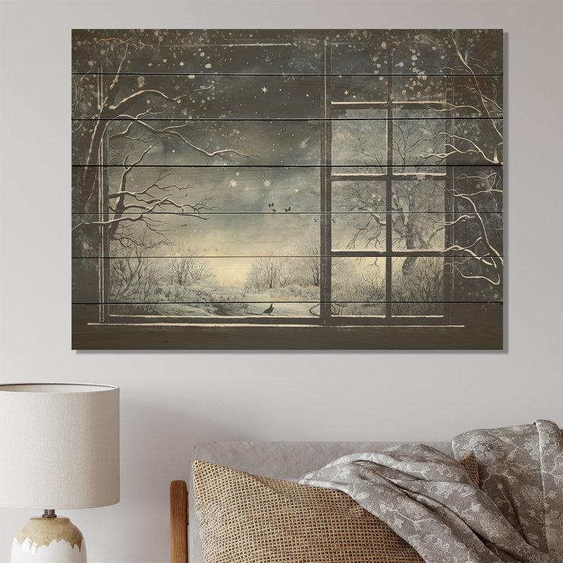 Midnight Gothic Winter Window View II - Winter Landscape On Wood Print, 34" H x 44" W x 0.78" D