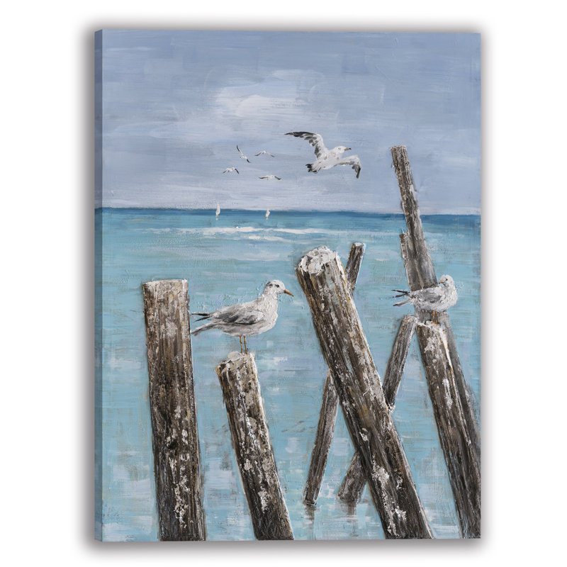 Mouettes sur la plage - peinture sur toile tendue, H 36 po x l 24 po x P 1,5 po