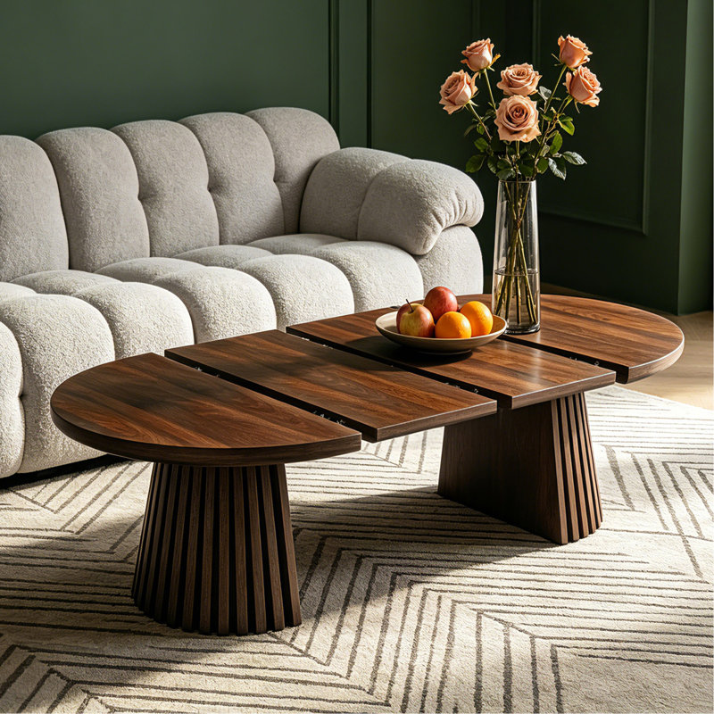 Table basse en bois ronde en bois, flexible et extensible, multifonctionnelle et peu encombrante, conception ovale à la mode et pieds à lattes, table à thé ou bureau, table de salon moderne