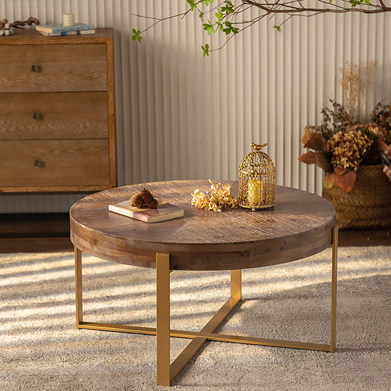 Table basse ronde avec plateau en bois manufacturé, Doré