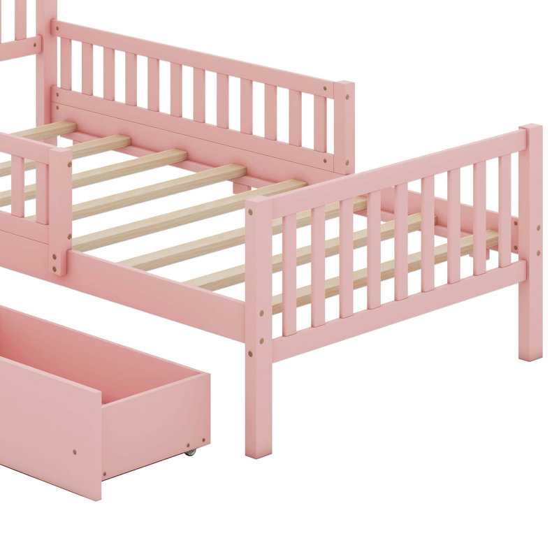 Twin Size Wood Platform Bed with Guardrails On Both Sides And Two Drawers, Pink