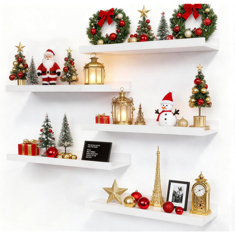 5-pack White Floating Wall Shelves, Modern Picture Ledge For Storage & Decor