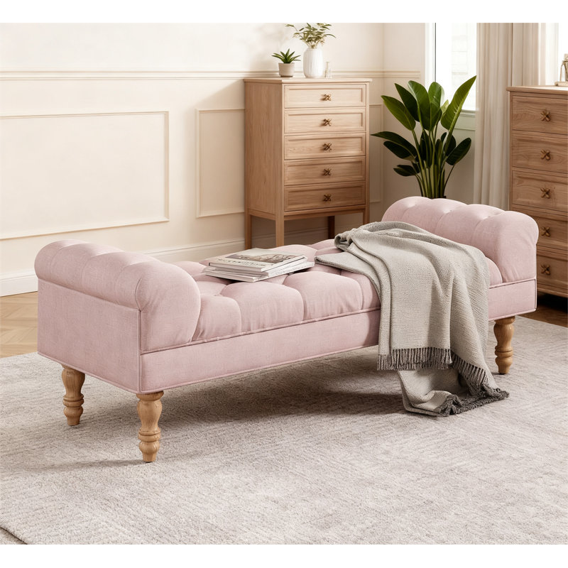 Button-Tufted End of Bed Bench, Pink, Natural