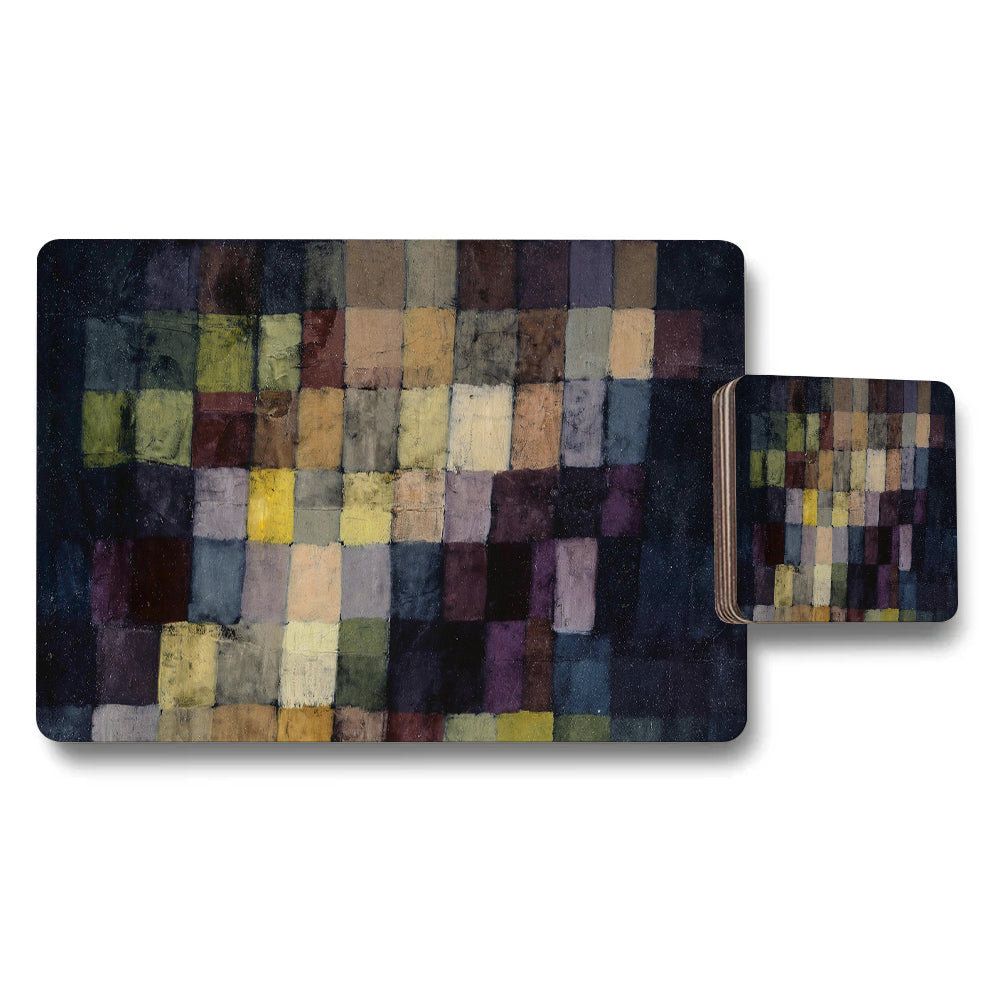 Dark Mosaic Placemats And Coaster Set With Square Block Pattern
