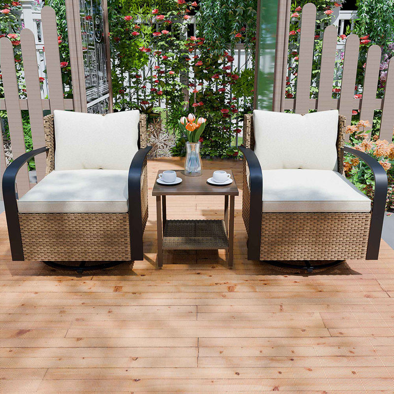 3-Pieces 2-Person Patio Swivel Wicker Seating Group with Cushions, Beige