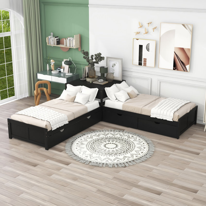 Divyanshi Twin Size L-shaped Platform Bed with Trundle and Drawers, Espresso