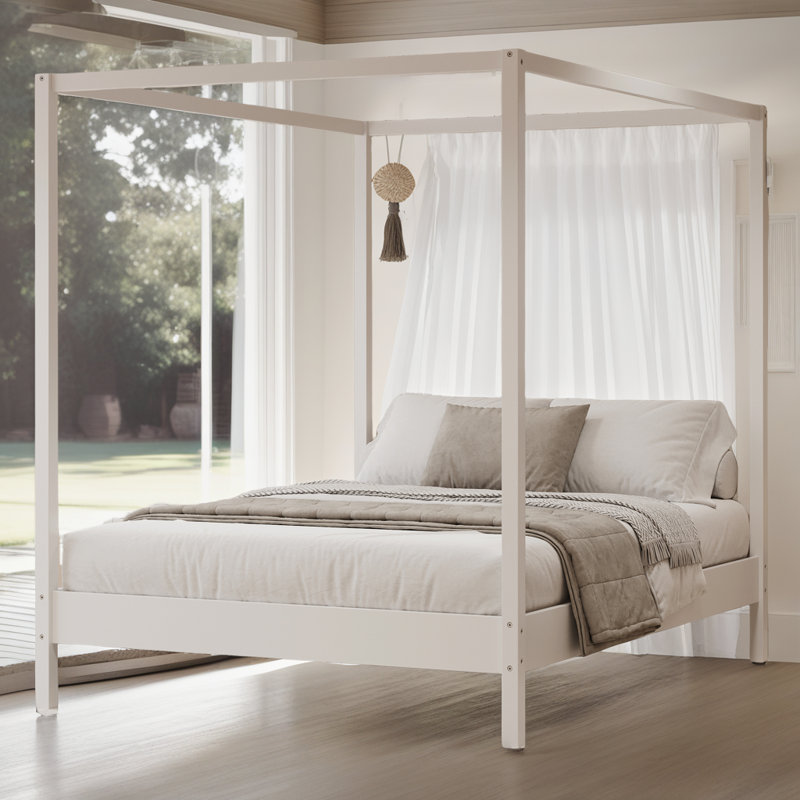 ?Elegant Canopy Bed Frame – 4-Poster Platform Bed with Slats, No Box Spring Needed?, White, Queen