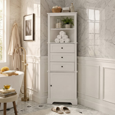 69" Tall Corner Storage Cabinet With 3 Drawers & Adjustable Shelves, Freestanding Triangle Bathroom Linen Tower (Green / White / Black)