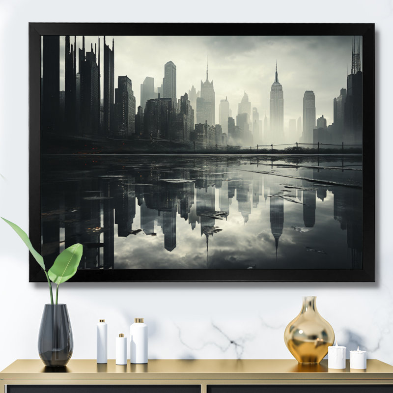 «Skyscrapers Urban Mirage IV», reproduction sur toile, H 16 po x l 32 po x P 1 po, Cadre simple noir