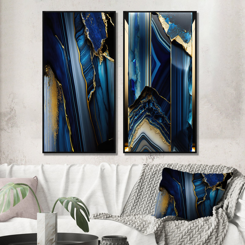 «Abstract Geode Geometric Blue», 2 pièces, H 40 po x l 40 po, Cadre noir
