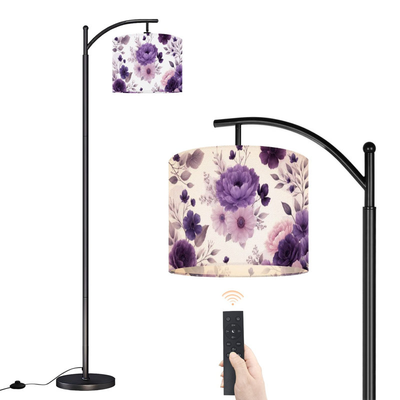 Lampe sur pied à arc avec abat-jour réglable blanc mauve rose floral bohème moderne mauve roses pivoines blanches lampe sur pied 3 températures de couleur à haut gradateur avec interrupteur au pied pour la chambre à coucher