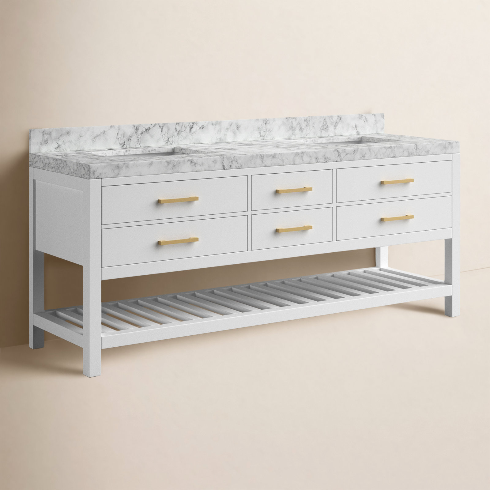 Carrie 72" Carrara Marble Double Bathroom Vanity, White| Brushed Nickel