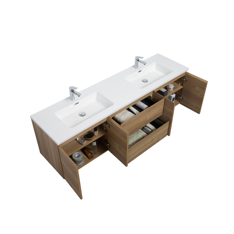 Paza 72 po L x 19 po P 4 portes et 2 tiroirs Meuble-lavabo mural avec évier double et Comptoir en Polymarbre blanc