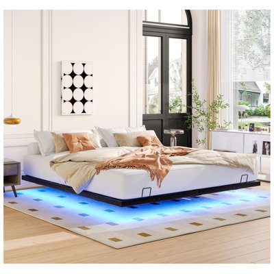 Très grand cadre de lit flottant avec lumières DEL contrôlées par l'application, base de plateforme en métal robuste, aucun sommier nécessaire