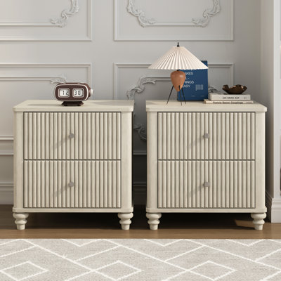 Fluted Nightstand, 21.65" Wide Side Table With 3 Drawers, Mid Century Modern Wood Nightstand With Metal Handle, Wooden Bedside End Table For Bedroom, Living Room, Closet