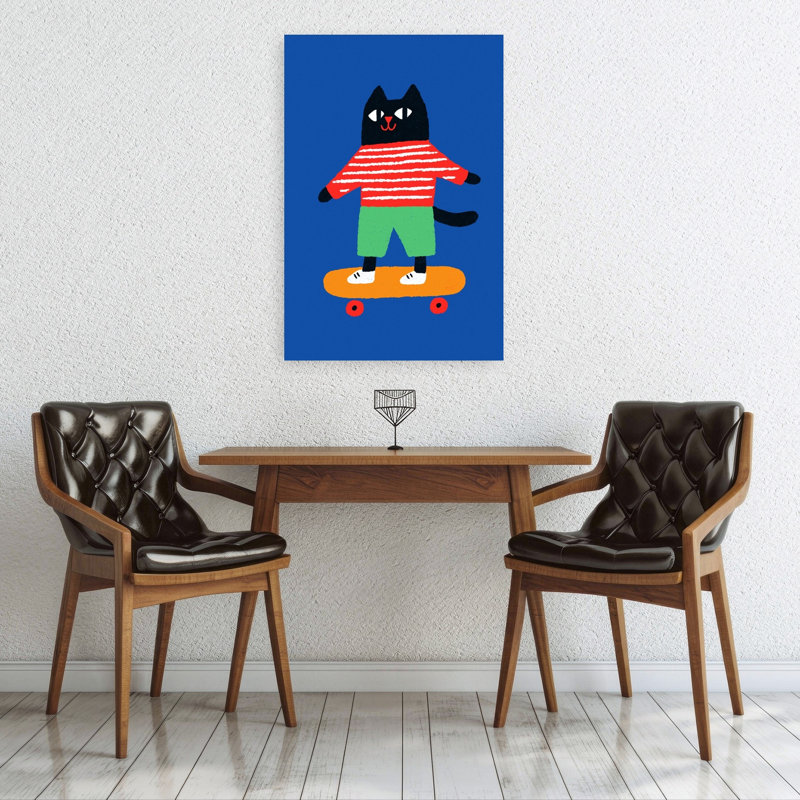 Skating Cat Playful Contemporary Cat Wall Art Print by Treechild - Wrapped Canvas Print, 91.44cm H x 60.96cm W