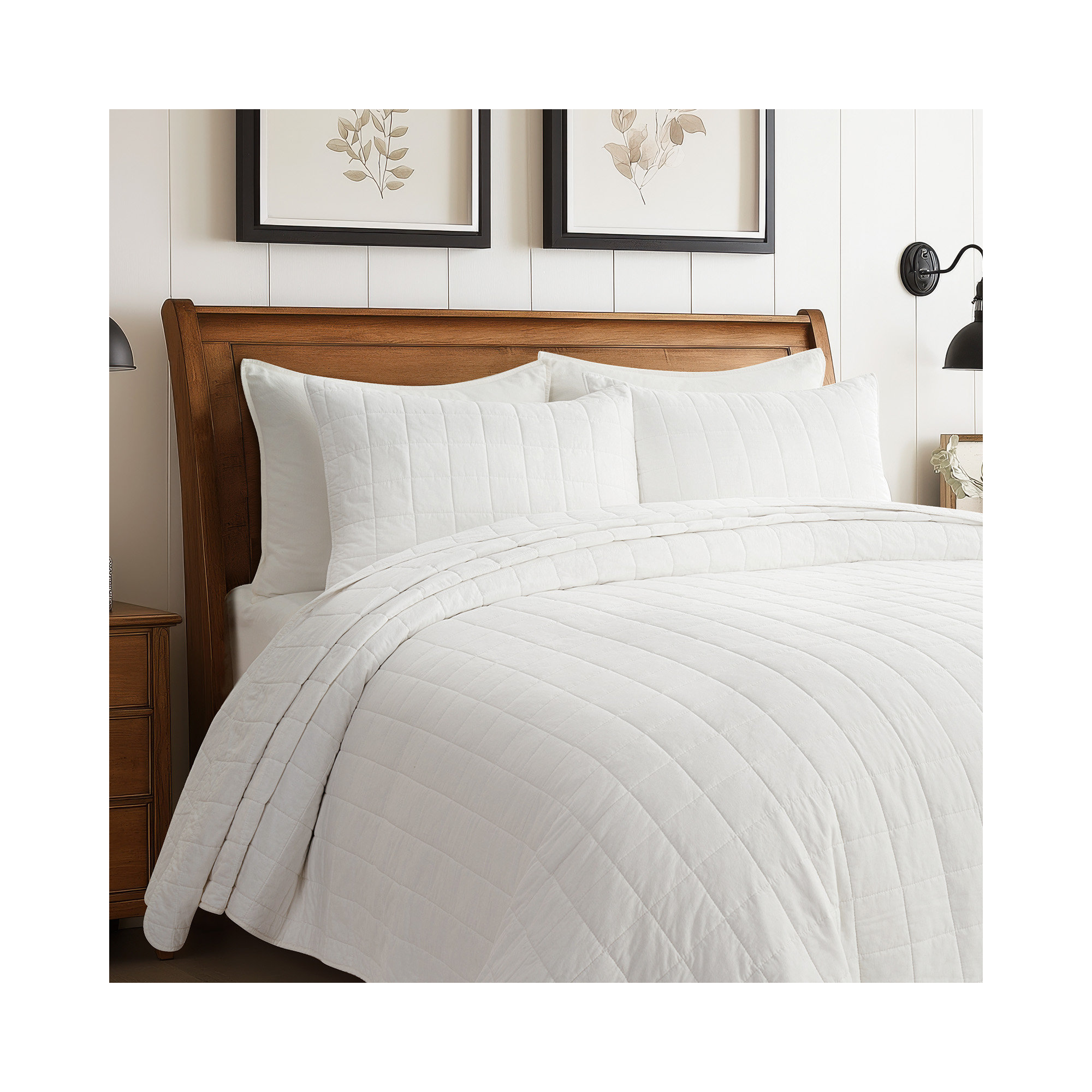 100% Cotton Box Stitch Quilt Set, Bright White, Queen Quilt + 2 Queen Shams