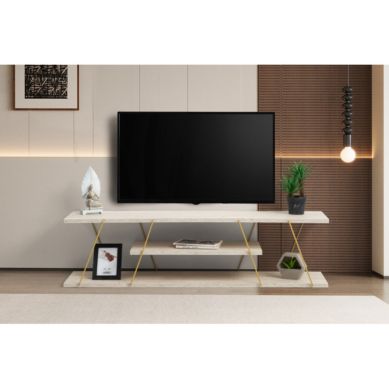Modern TV Stand with Wall-Mount Option, Travertine & Gold, 47.2 x 13.0 x 11.8 inches | 100% Melamine Coated Particle Board & Metal Frame, Numerous Shelves, Elegant & Functional Design for Living Room