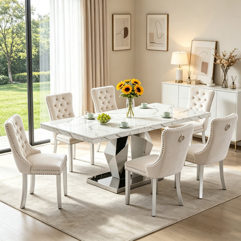 70" Faux Marble Dining Table Set for, White Dining Room Table with Velvet Dining Chairs, Modern Kitchen Table and Chairs Set, Luxury Dining Table Set for Kitchen Dining