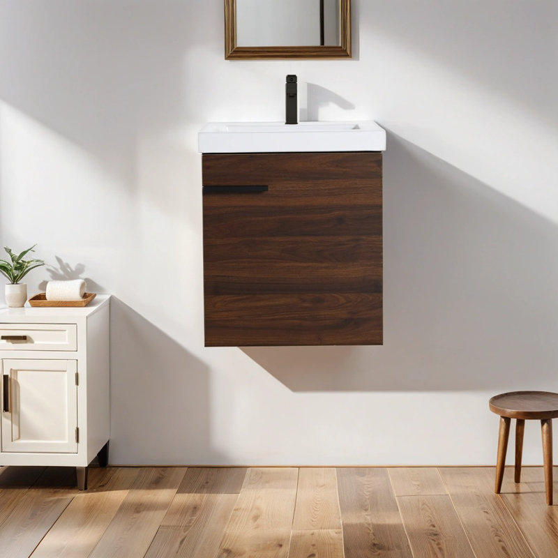 Ensemble de meuble-lavabo simple 18,39 po avec plateau en céramique Marckos, Brun
