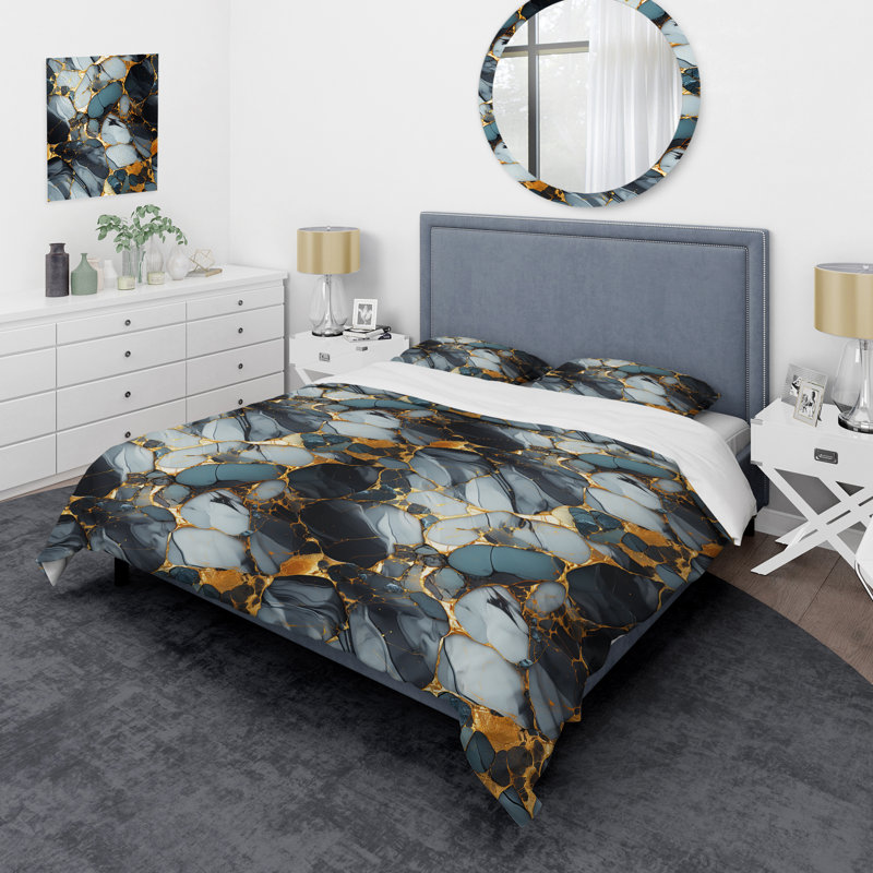 Ensemble de housse de couette doré doré et noir Luxe Marble Splendor I, Housse de couette pour très grand lit et 2 très