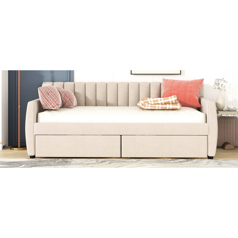Lit de jour simple rembourré beige avec tiroirs pratiques et base spacieuse en lattes de bois pour un cadre de rangement fiable