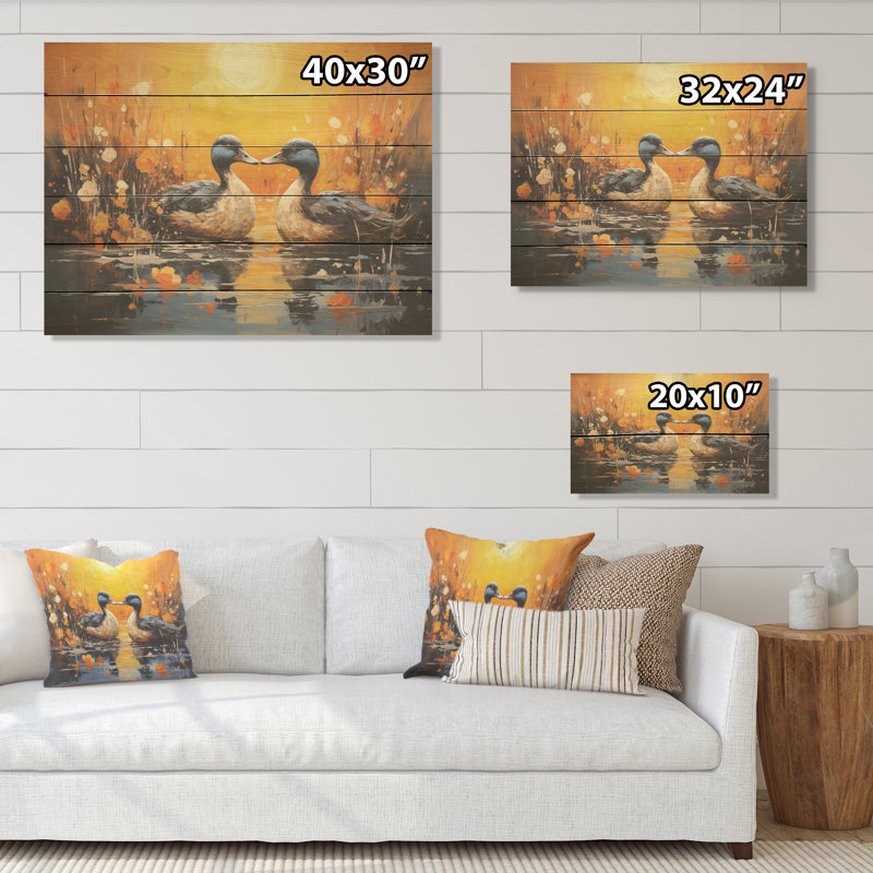 Playful Pond Ducks - Art sur bois de pin naturel, H 10 po x l 20 po