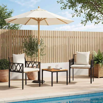  Outdoor Furniture Set with Cushion Poly Rattan Acacia Wood Table Patio