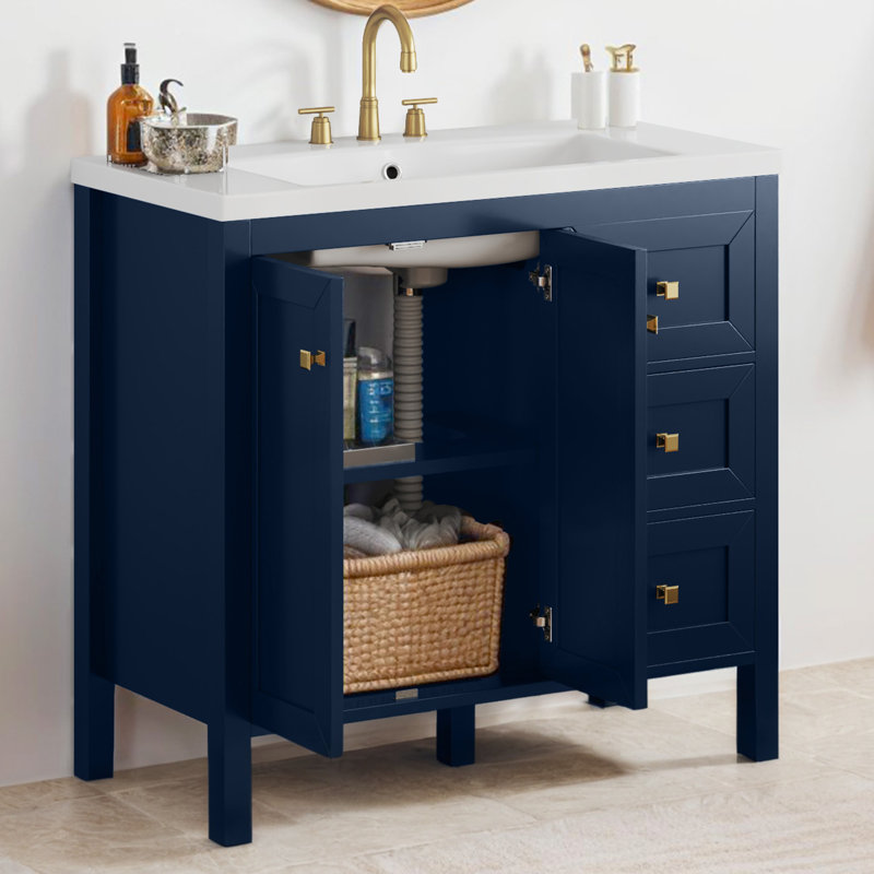 36'' Modern Single Bathroom Vanity Set With Resin Sink Top, Blue