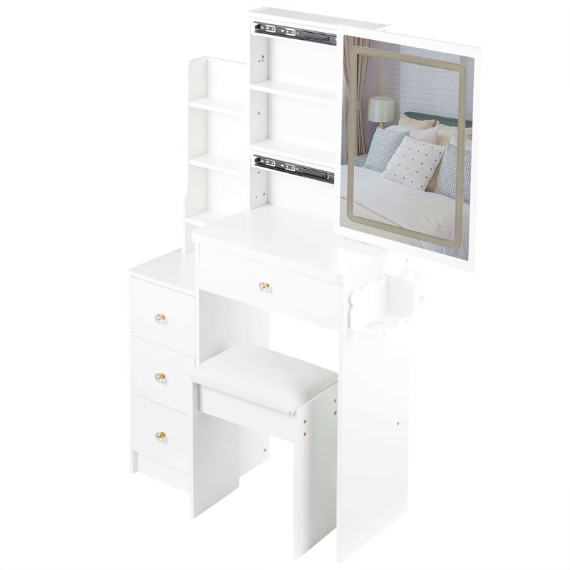 29.2" Small Size Left Bedside Cabinet Vanity Table + Cushioned Stool, 2 Ac+2 Usb Power Station, Hair Dryer Bracket, Extra Large Touch Control Sliding Led Mirror, Tri-Colour Switching, Brightness Adjust