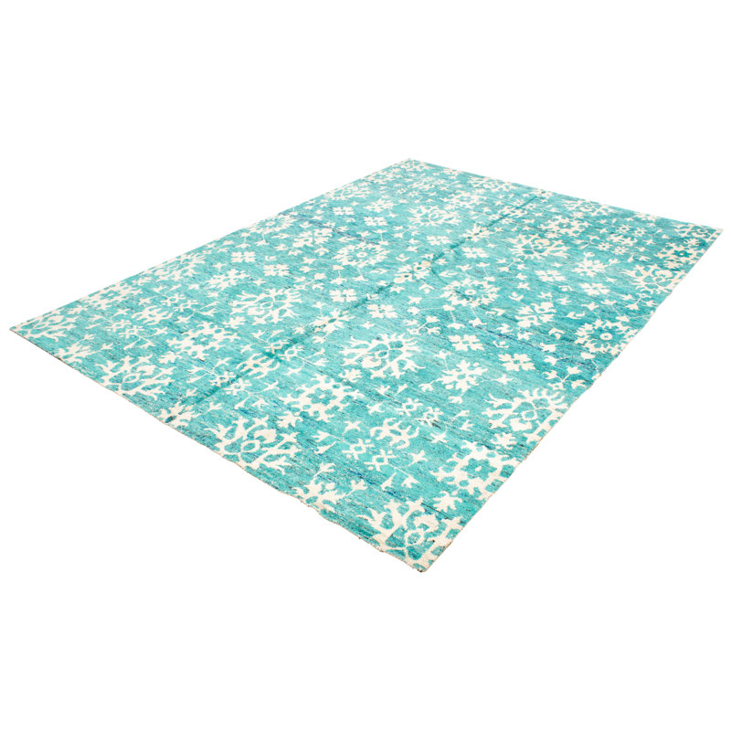 Tapis unique en soie noué à la main nouvel âge cyan 10 pi 1 po x 14 pi