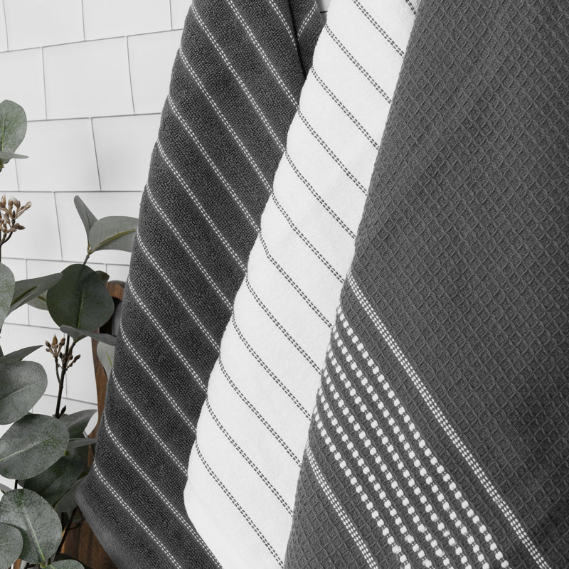 All-Clad Skipping Stripe & Wave Kitchen Towels (Set of 4), Pewter