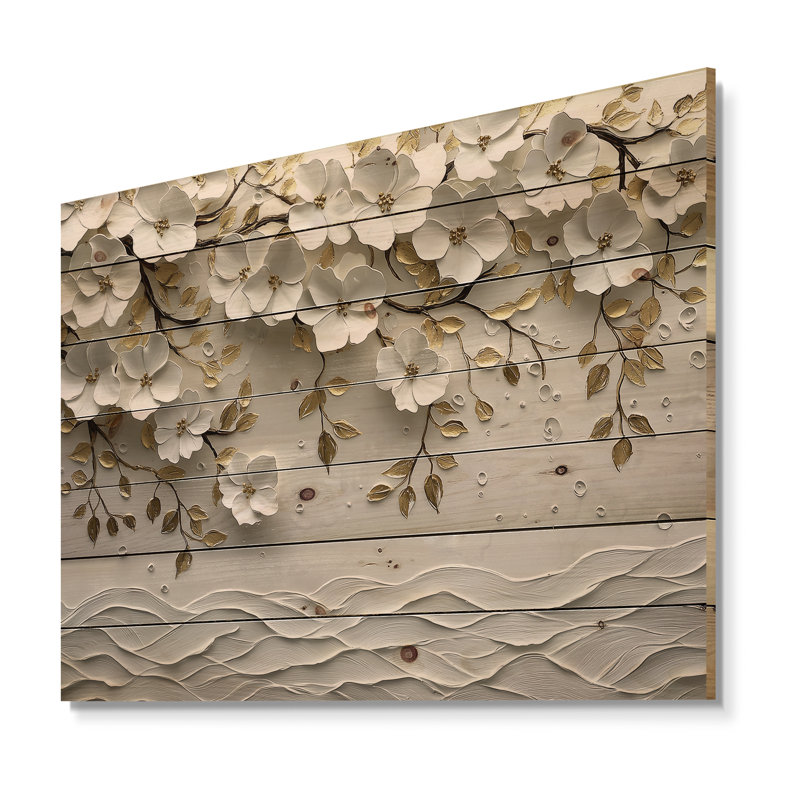 Wildflowers Golden Creamy Blossom Tree - Wildflowers Wood Wall Art - On Natural Pine Wood, 34" H x 44" W x 0.78" D