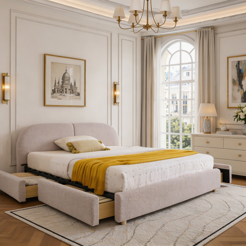 Tête de lit courbée de style moderne et minimaliste avec pieds incurvés et pieds robustes, Queen, Pink, Drawer