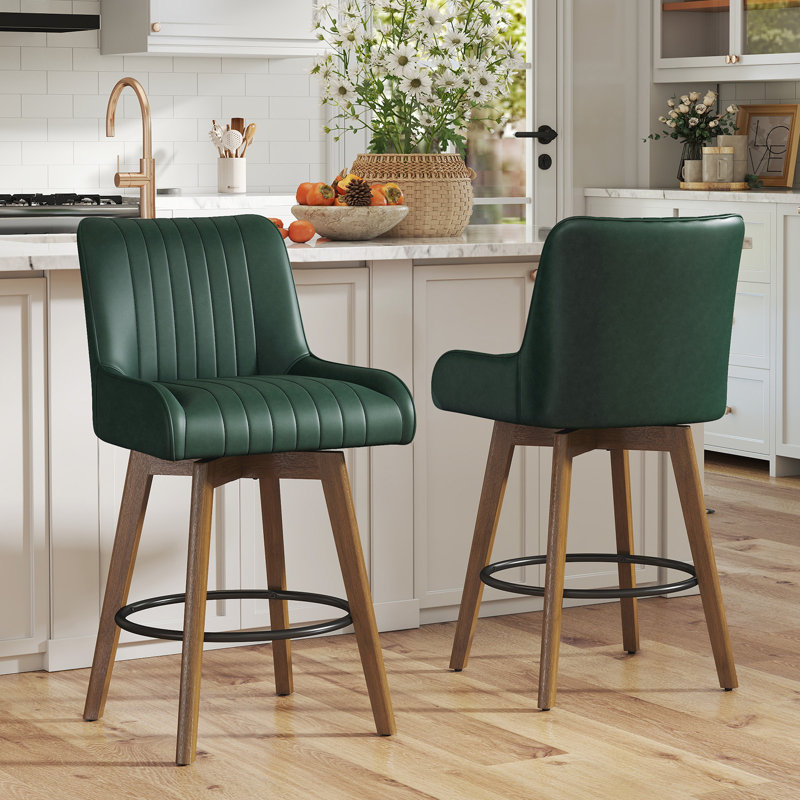 Extra-Wide 360° Swivel Bar Stool With Pocket Spring Seat & Solid Wood Base, Green 