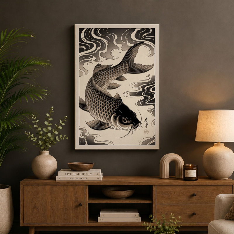 Carp in Motion Japandi - Wrapped Canvas, 30x20 - 76.2 x 50.8 cm, Terracotta Border