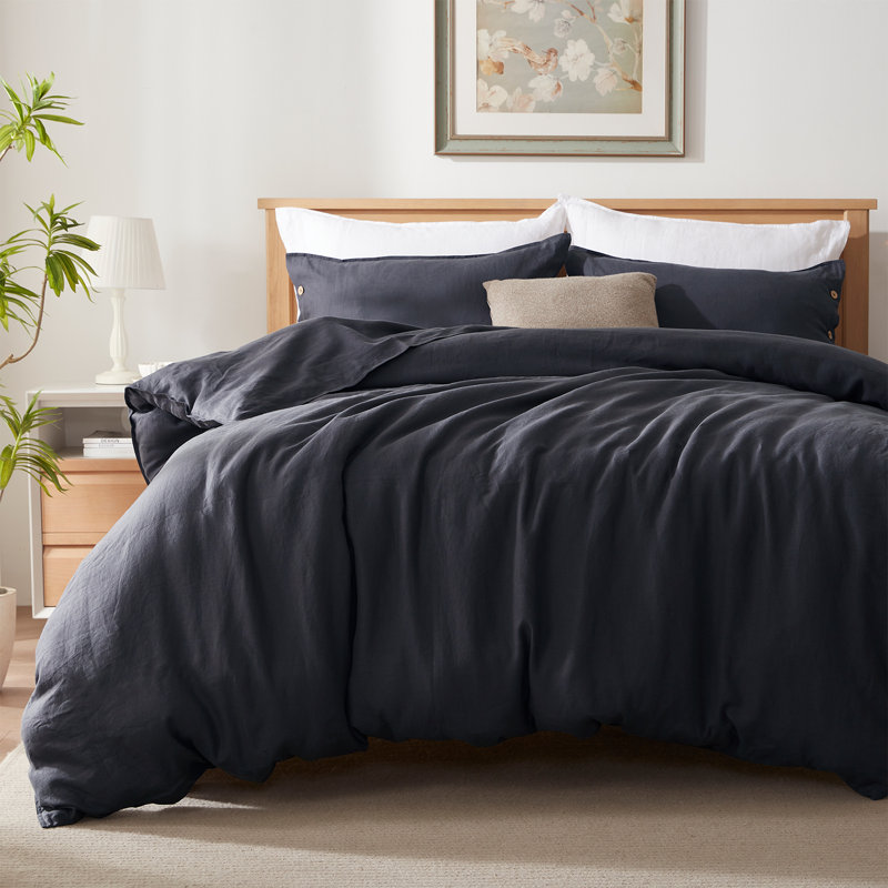 TOSMO 100% Linen Duvet Cover Set with Button Closure,Soft Breathable Durable Farmhouse Bedding, Charcoal Grey