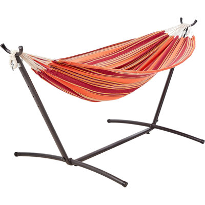 Heavy Duty Double Hammock With Space Saving Steel Stand And Carrying Case For Outdoor Use, Supports 450 Lbs, Comfortable Cotton Polyester Blend