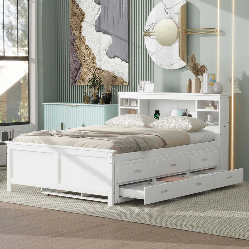 Lit plateforme avec tête de lit, USB, lit gigogne simple et 3 tiroirs, Double, Blanc