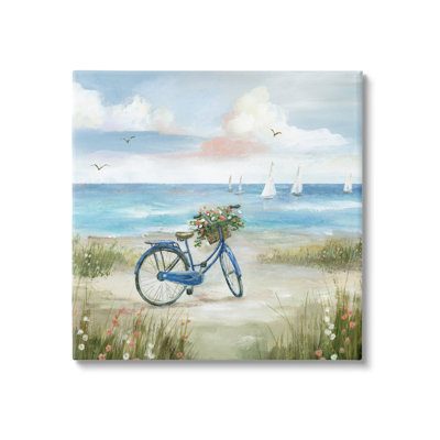 «Peaceful Bicycle Flower Basket Scenic Ocean Voiliers» par Nan - peinture sur toile tendue