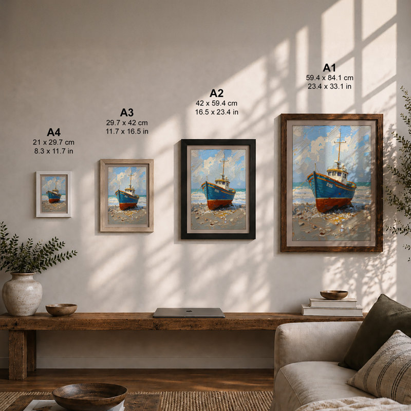 Beached Vessel at Rest Coastal - Framed Print, A3 - 42.0 x 29.7 cm, Oak