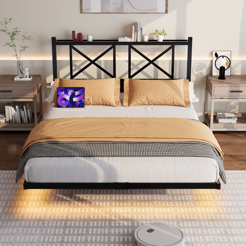 Lit flottant avec lumières DEL et rangement de charge, Lit double