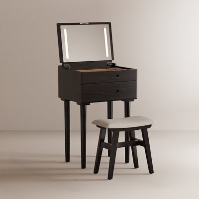 Ensemble coiffeuse en bois massif Anita avec miroir rabattable, lumières DEL, plateau en verre et tabouret