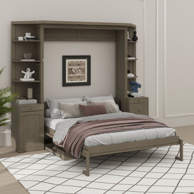 Grand lit escamotable avec bureau intégré, supports de rangement et armoires